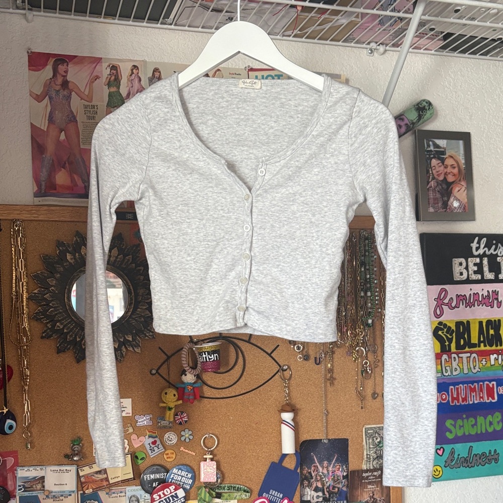 Gray Long Sleeve Button-Up Top